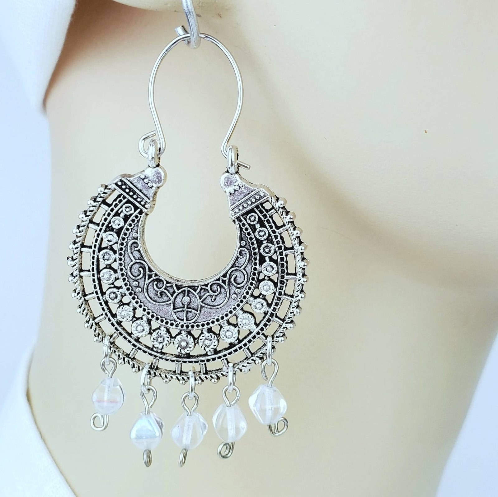 Round Antique Silver Clear Bead Earrings