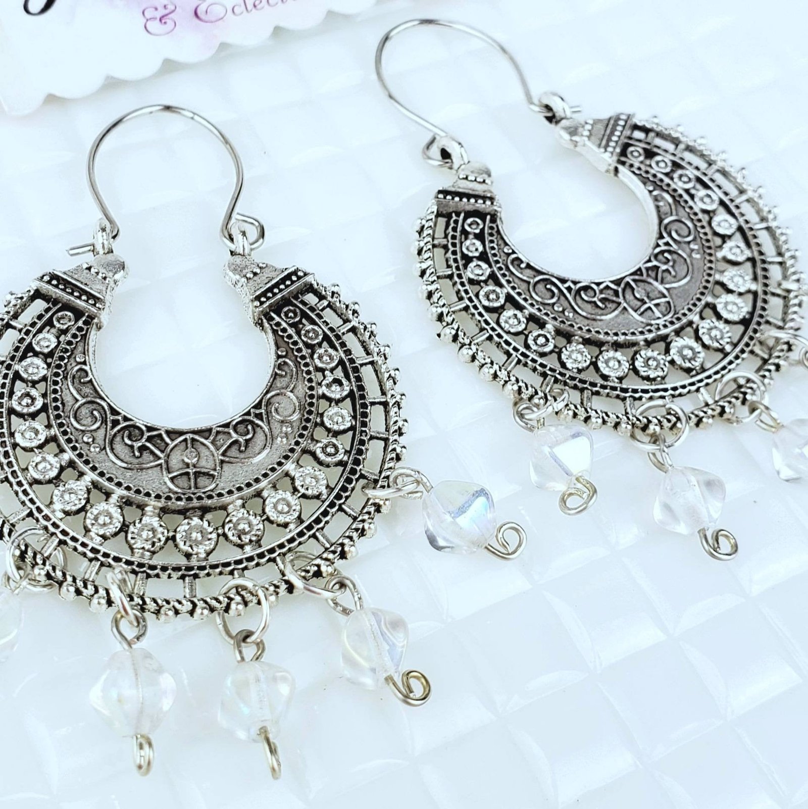 Round Antique Silver Clear Bead Earrings - Image 4