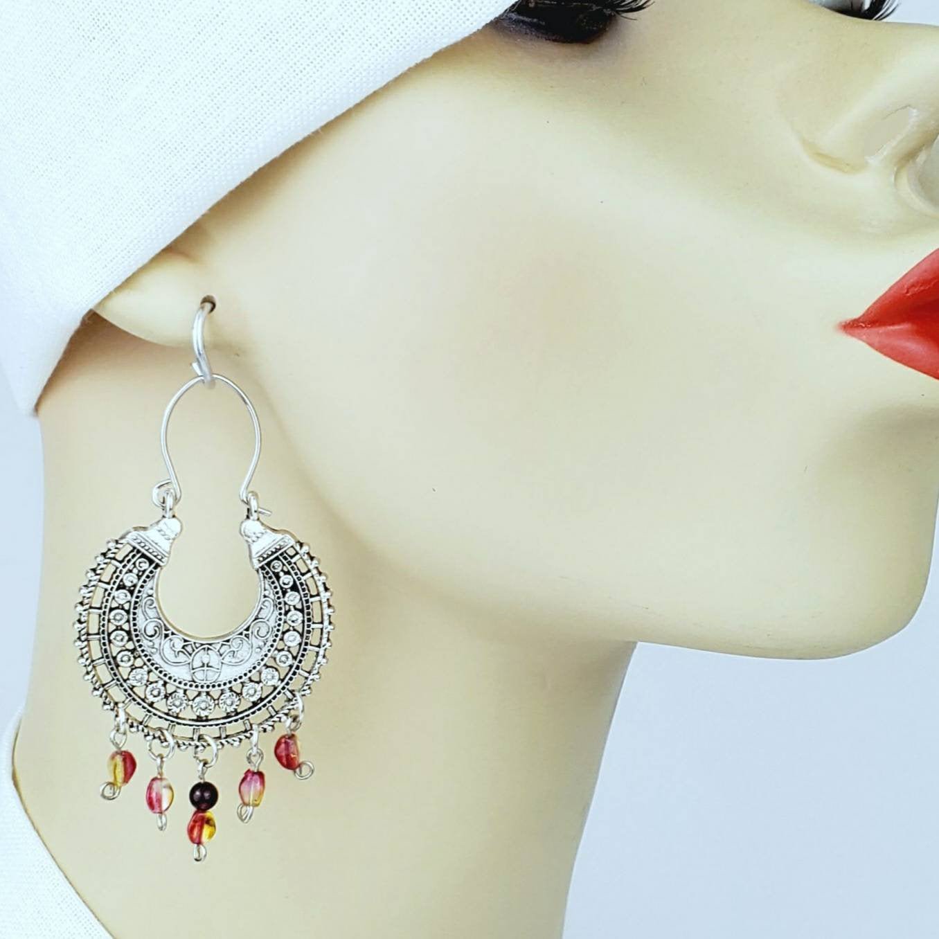Round Antique Silver Red Bead Earrings - Image 5