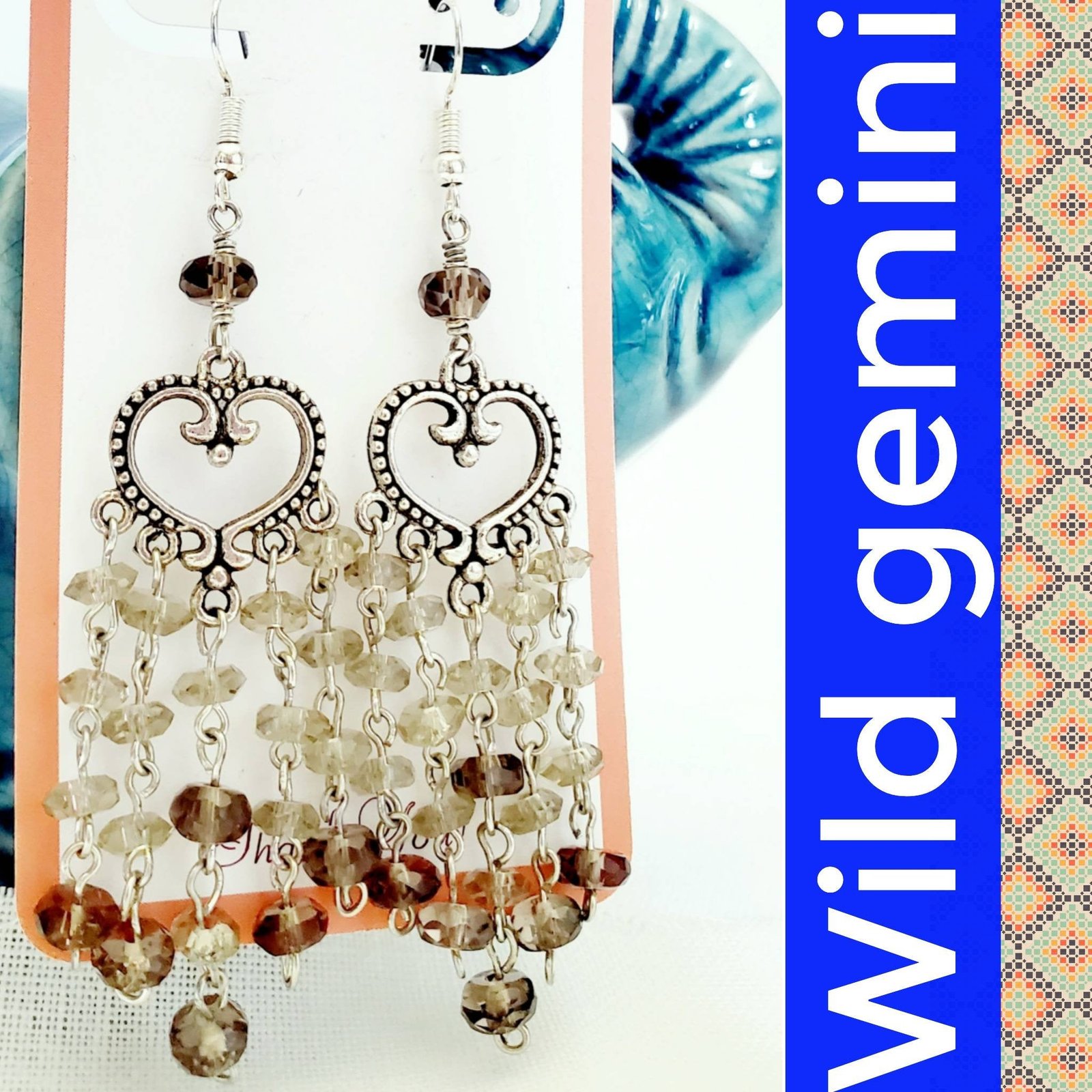 Boho Smokey Glass Chandelier Earrings โ Handmade Silver Dangles with Heart Detail & Hook Ear Wires, 3โ Long - Image 3