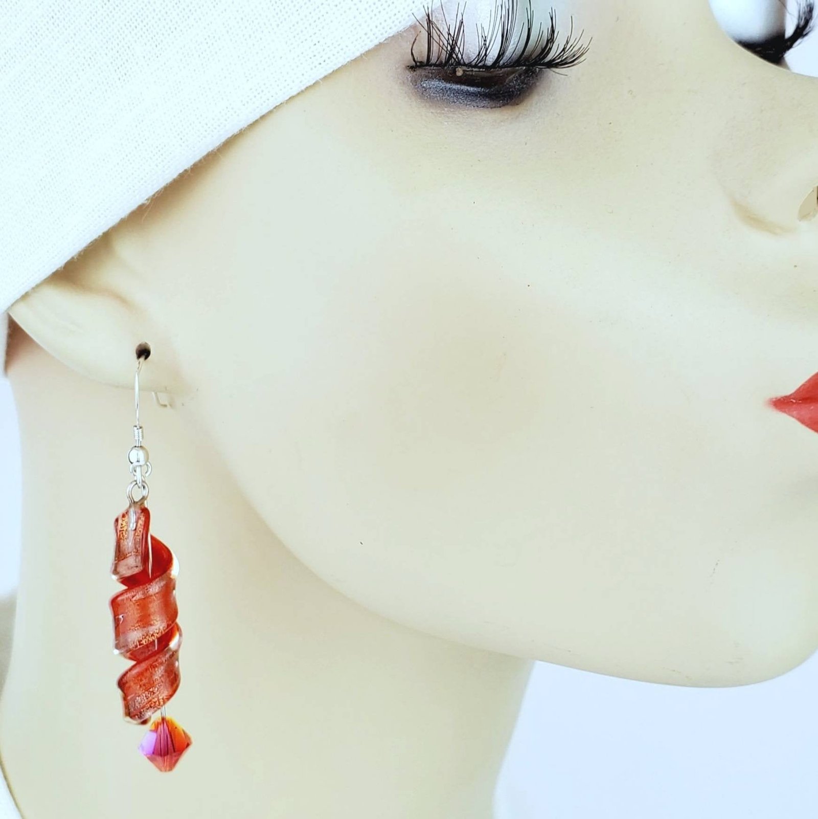 Sterling Silver Lampwork Earrings โ Handmade Spiral Glass Dangles with Swarovski Bicone Crystals, 2.5โ Long - Image 2