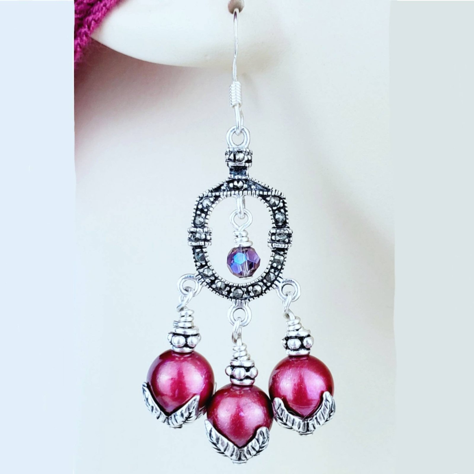 Sterling Silver Marcasite Earrings โ Fuchsia Freshwater Pearl Dangles with Purple Crystals & All .925 Silver, 2.25โ Long