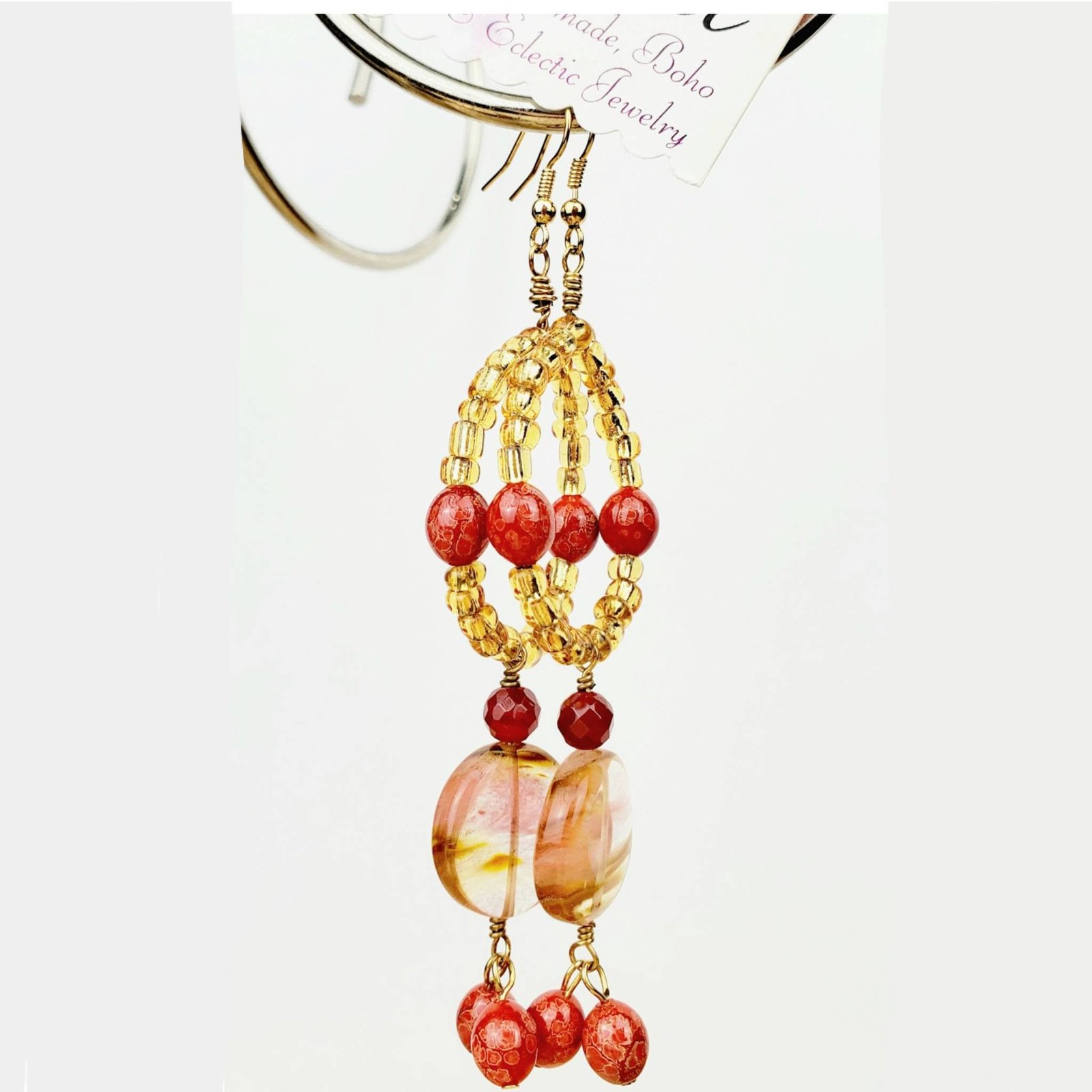 Boho Jasper & Carnelian Earrings โ Handmade Golden Dangles with Seed Beads, Glass Discs & Wire Wrap, 3.5โ Long - Image 3