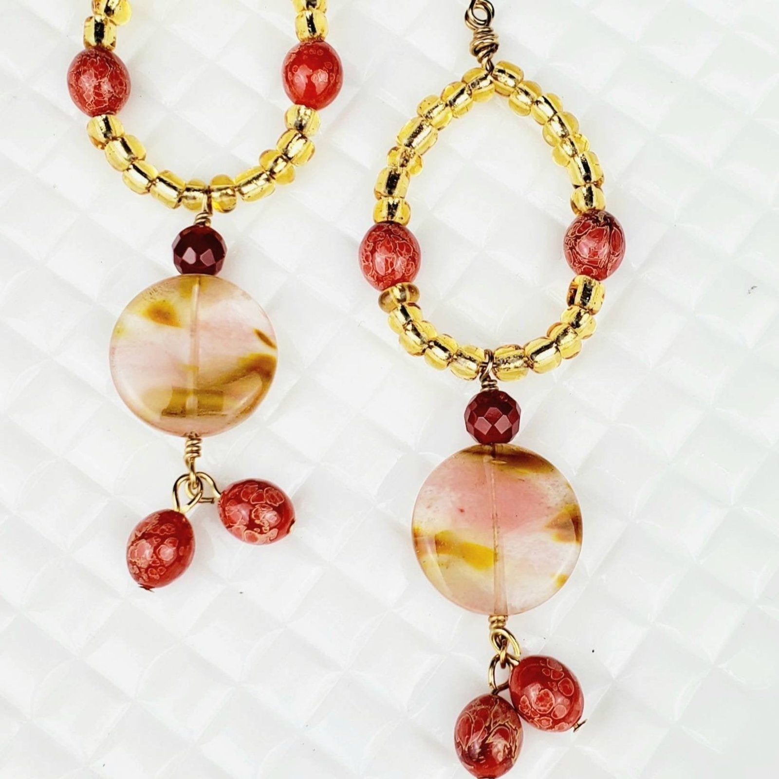 Boho Jasper & Carnelian Earrings โ Handmade Golden Dangles with Seed Beads, Glass Discs & Wire Wrap, 3.5โ Long - Image 2