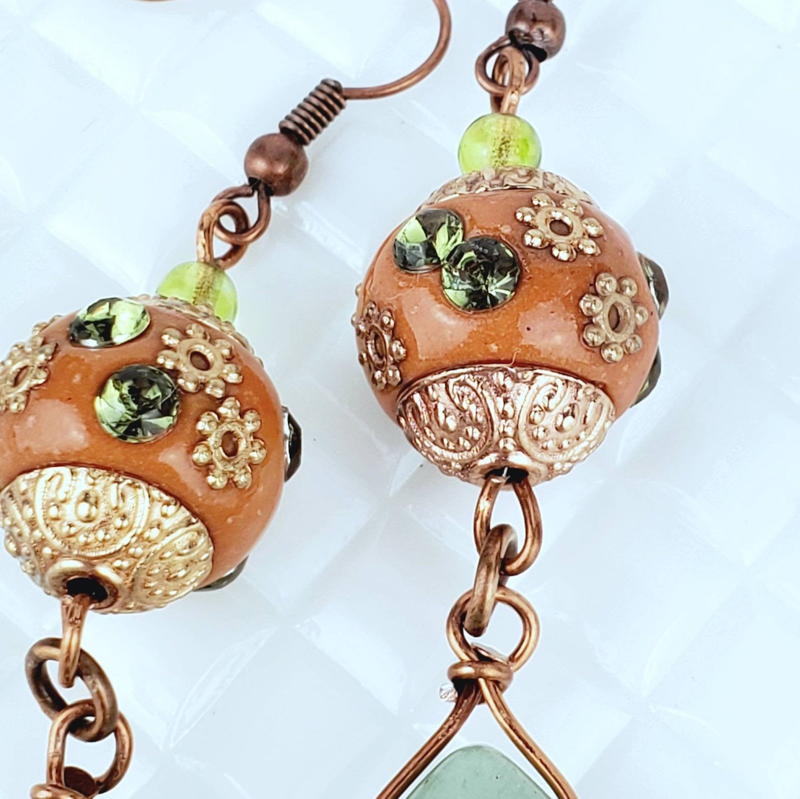 Boho Aventurine Teardrop Earrings โ Handmade Copper Dangles with Faceted Stones & 10mm Beads, 3โ Long - Image 2