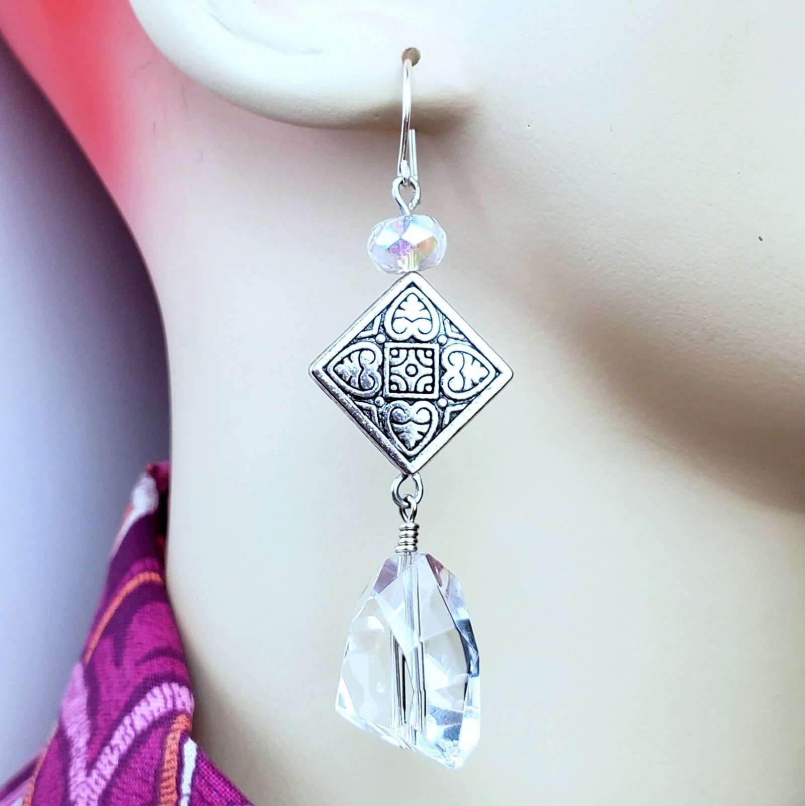 Boho Clear Glass Earrings โ Handmade Silver Dangles with Glass Nuggets & Diamond Beads, 2.75โ Long - Image 3