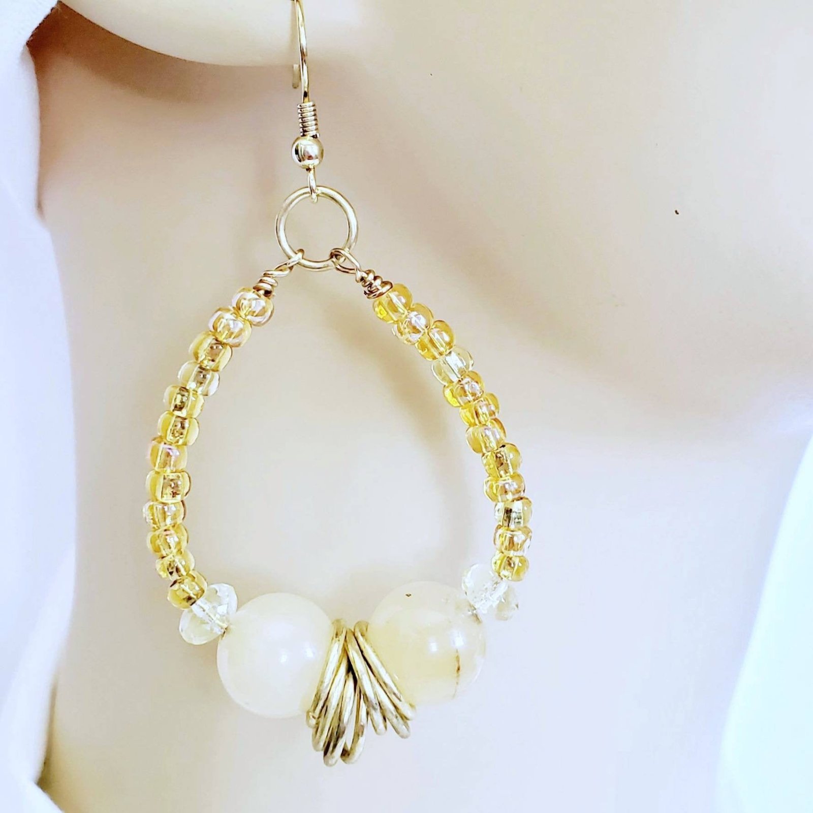 Boho Citrine Hoop Earrings โ Handmade Yellow Stone Dangles with Seed Beads, Gold Hooks & Jump Rings, 2.5โ Long - Image 2