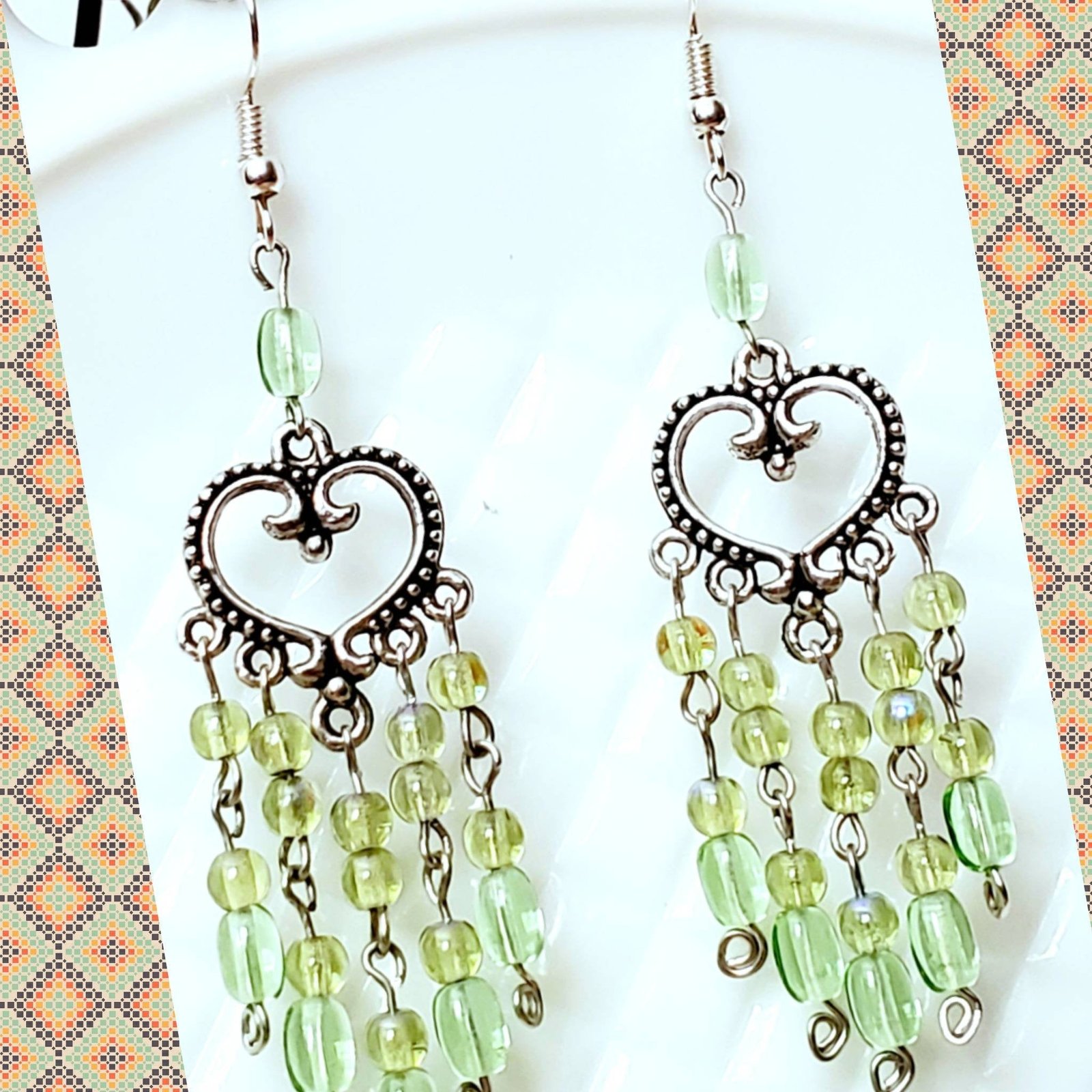 Boho Green Heart Chandelier Earrings โ Handmade Silver Dangles with Green Beads & Silver Wire, 3โ Long - Image 3
