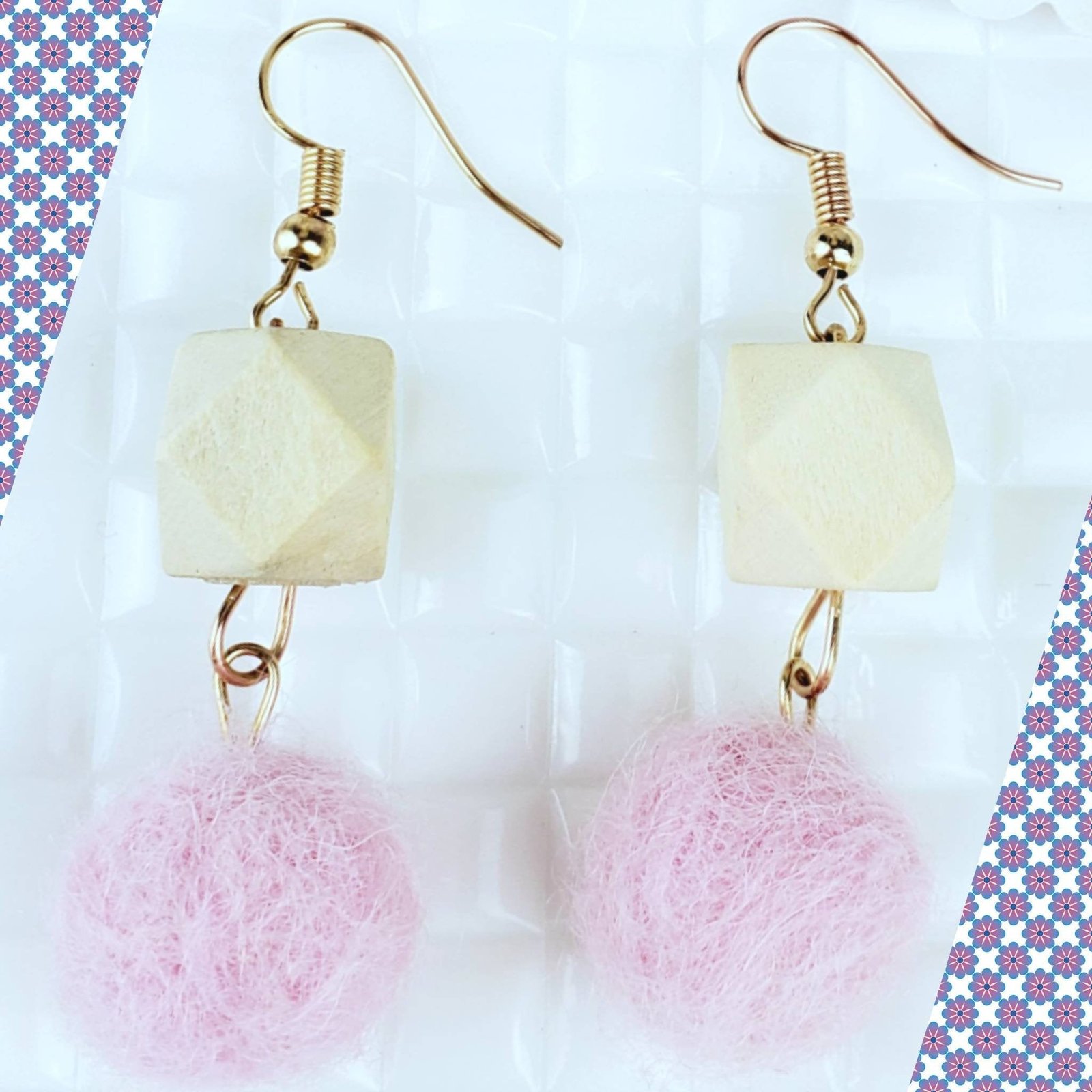 Wooden Hexagon Pink Fuzzy Ball Earrings - Image 2