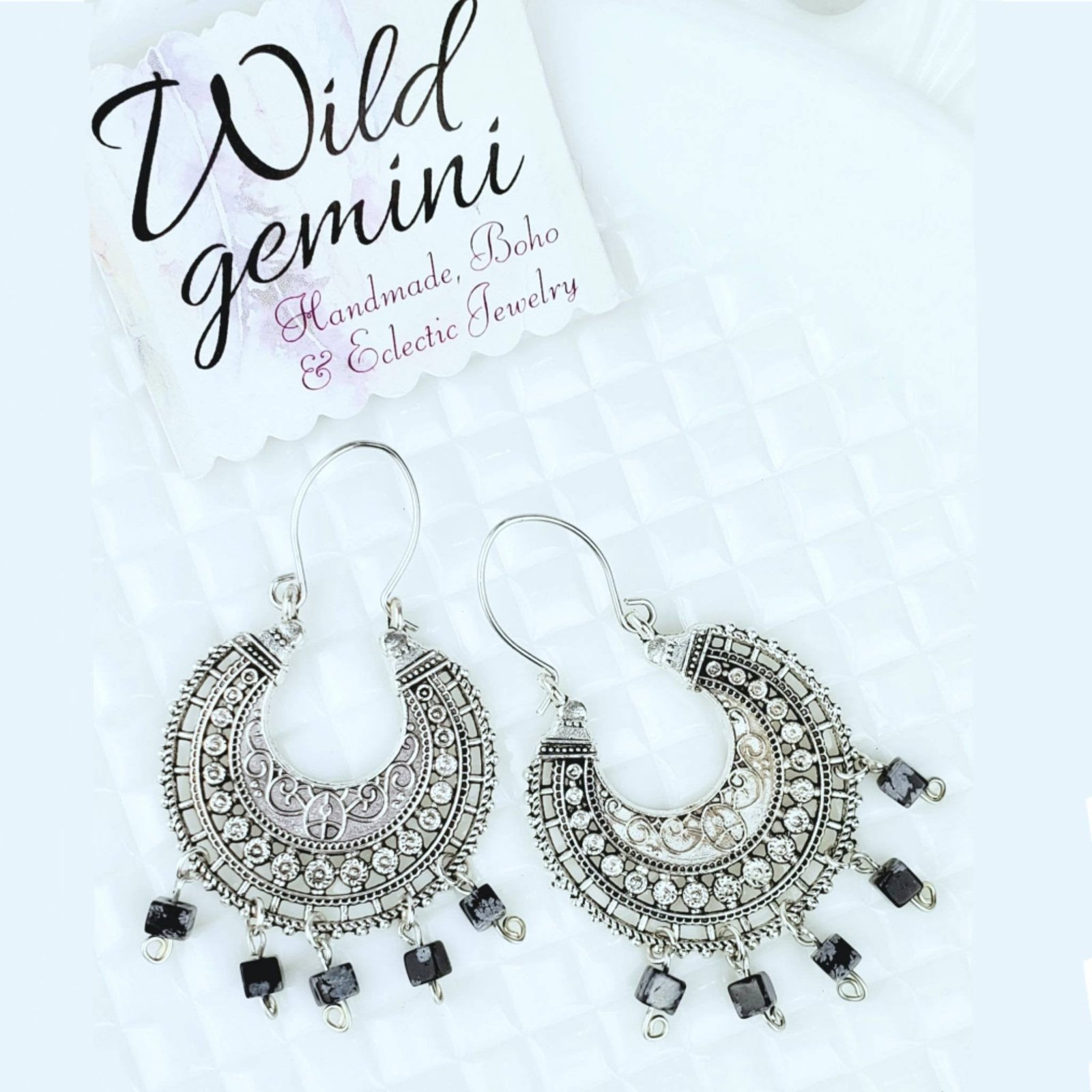 Round Antique Silver Black Bead Earrings - Image 2