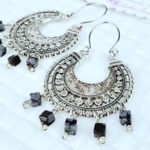 Round Antique Silver Black Bead Earrings