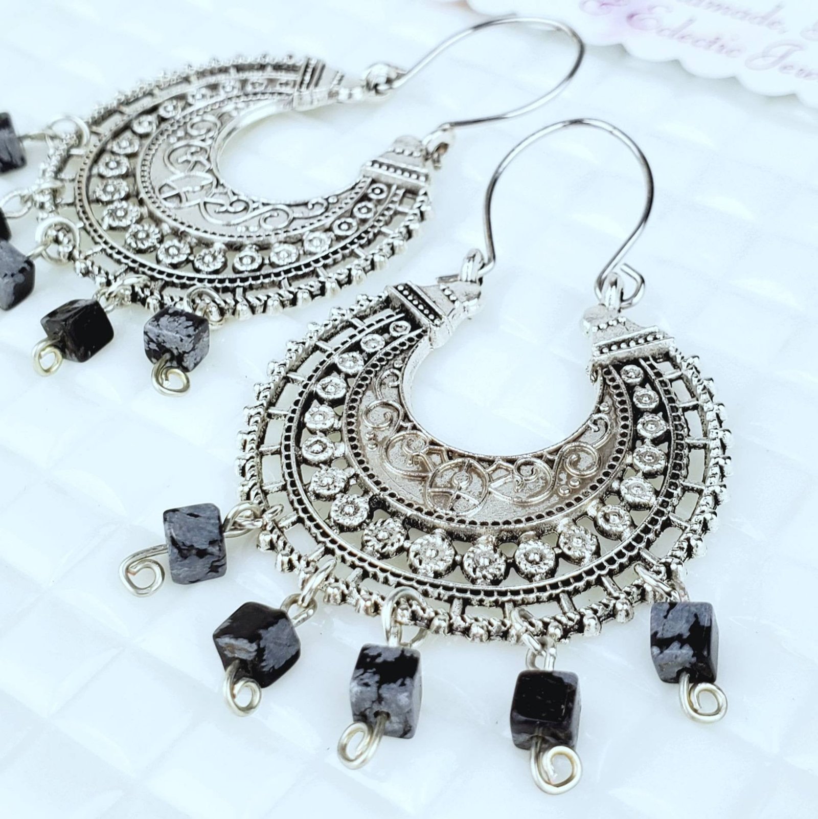 Round Antique Silver Black Bead Earrings