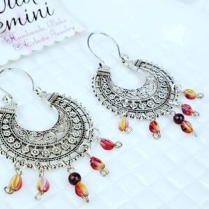 Round Antique Silver Red Bead Earrings