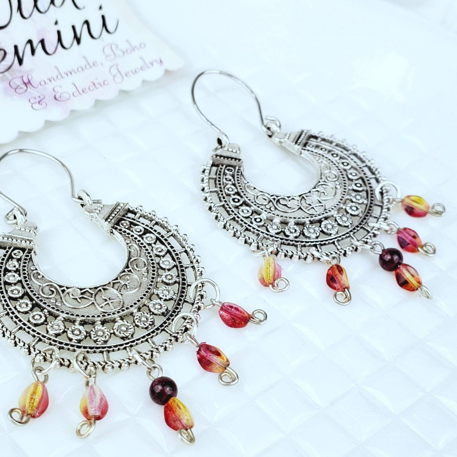 Round Antique Silver Red Bead Earrings