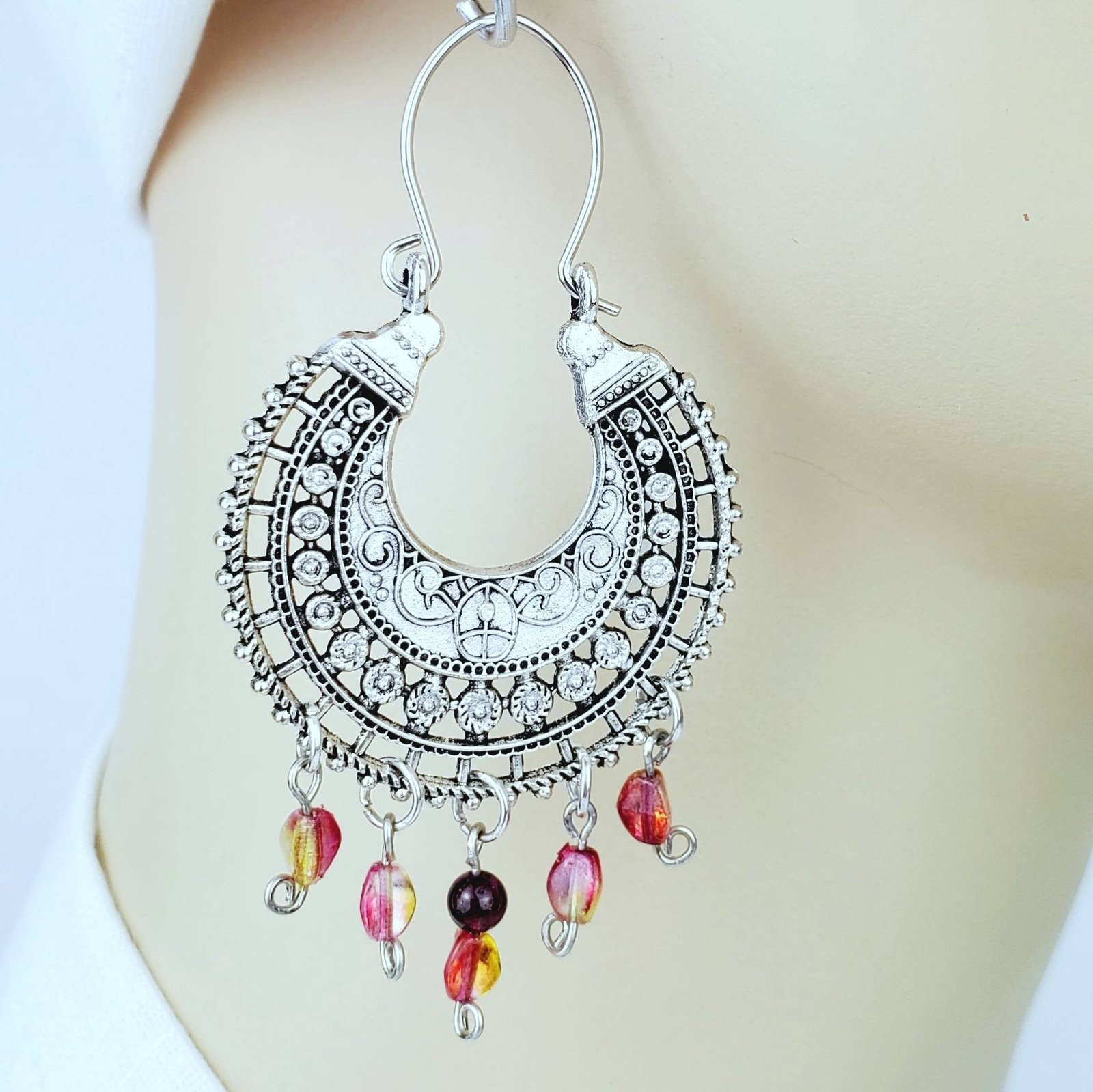 Round Antique Silver Red Bead Earrings - Image 4