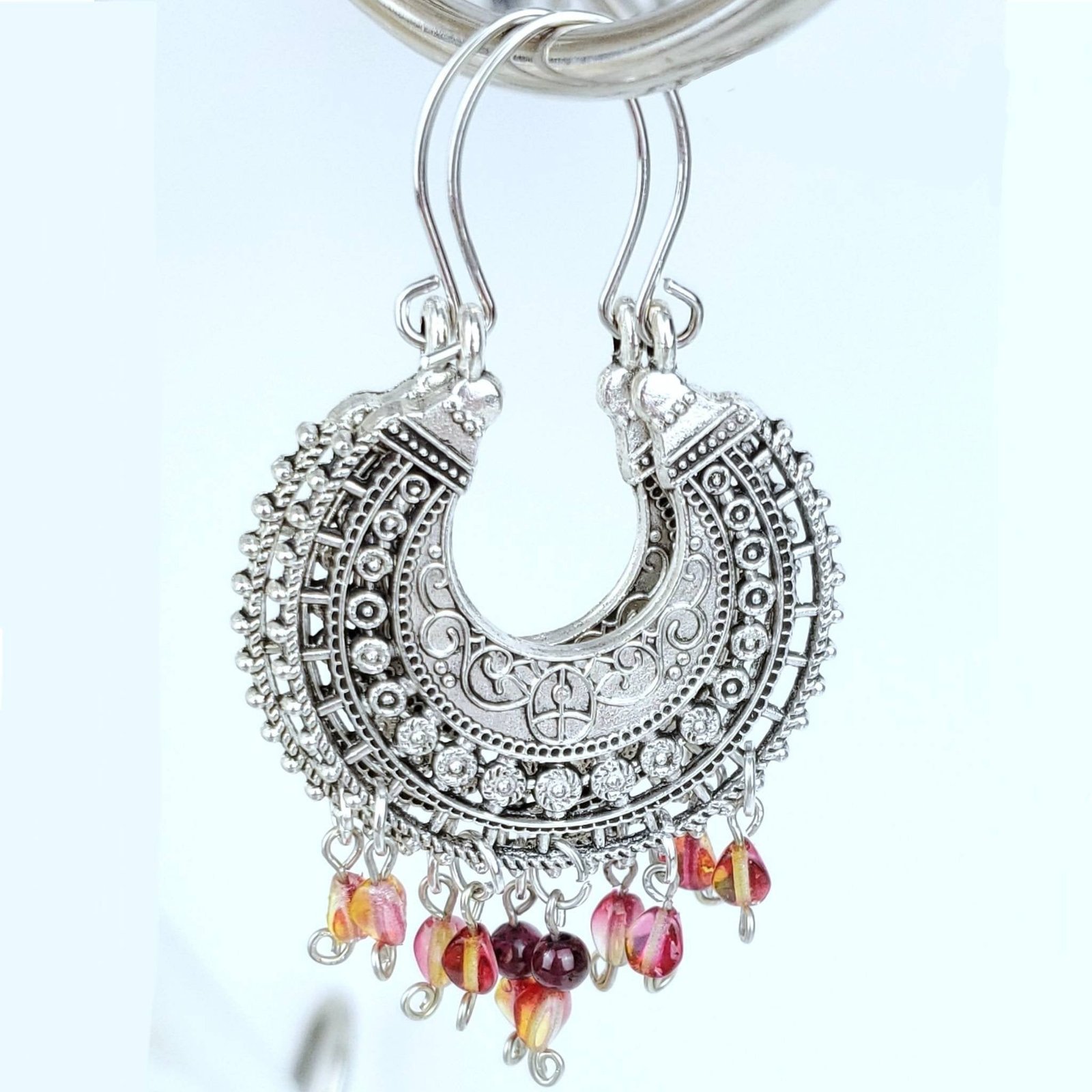 Round Antique Silver Red Bead Earrings - Image 3