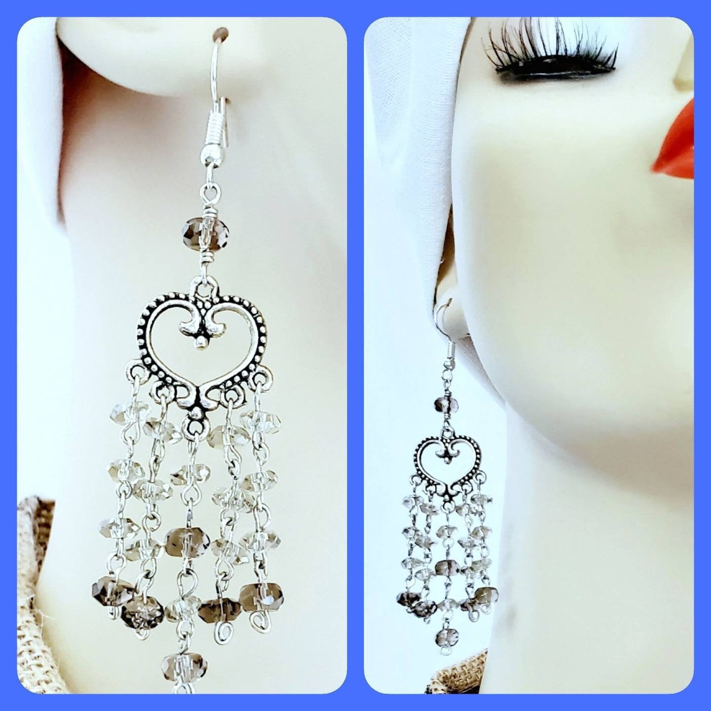 Boho Smokey Glass Chandelier Earrings โ Handmade Silver Dangles with Heart Detail & Hook Ear Wires, 3โ Long - Image 2