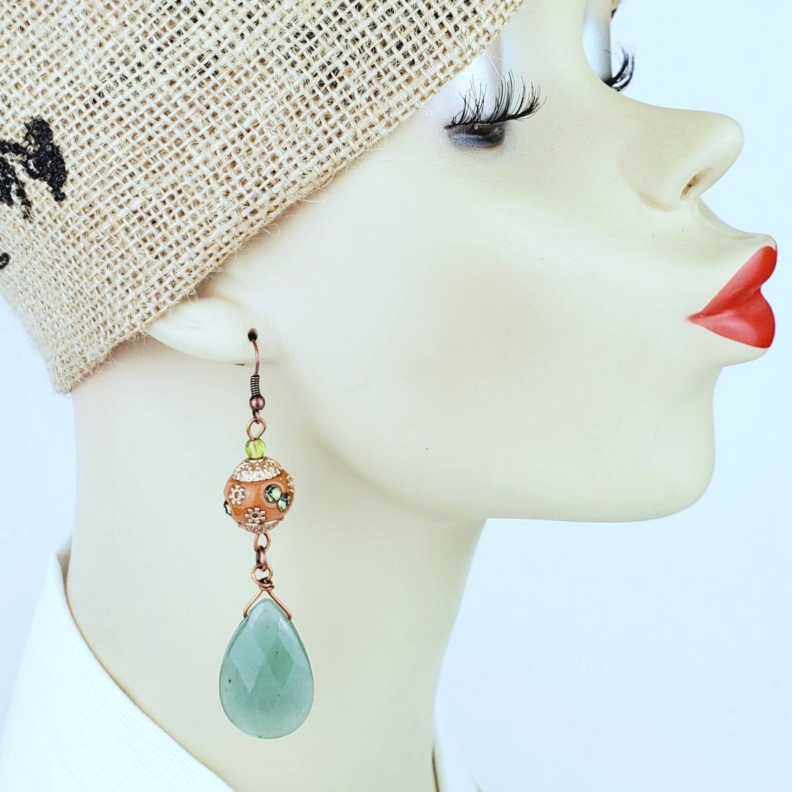 Boho Aventurine Teardrop Earrings โ Handmade Copper Dangles with Faceted Stones & 10mm Beads, 3โ Long - Image 4