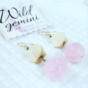 Wooden Hexagon Pink Fuzzy Ball Earrings