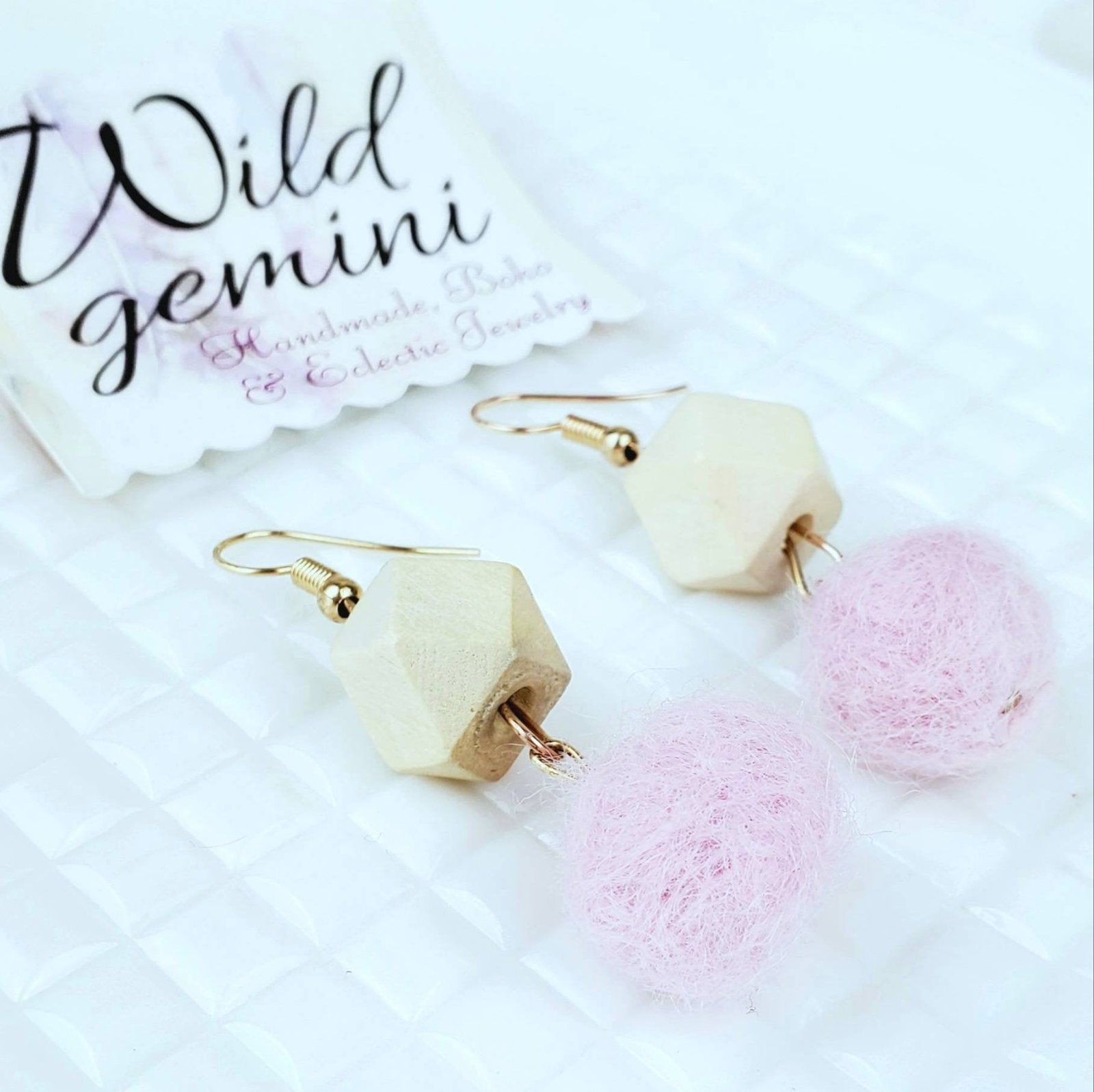 Wooden Hexagon Pink Fuzzy Ball Earrings