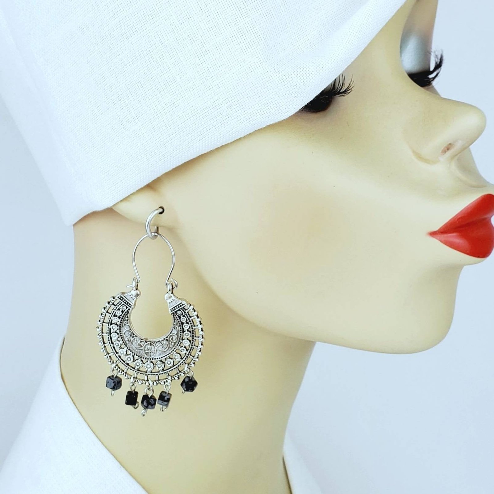 Round Antique Silver Black Bead Earrings - Image 3