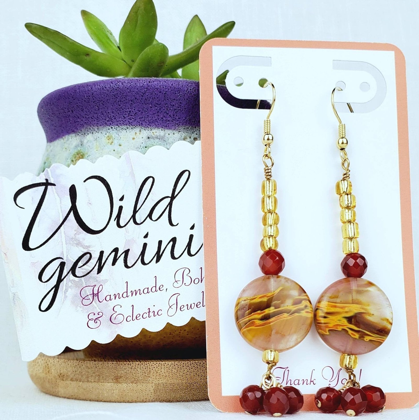 Boho Ruby & Jasper Earrings โ Handmade Gold Dangles with Glass Disc Beads & Seed Beads, 3.25โ Long - Image 4