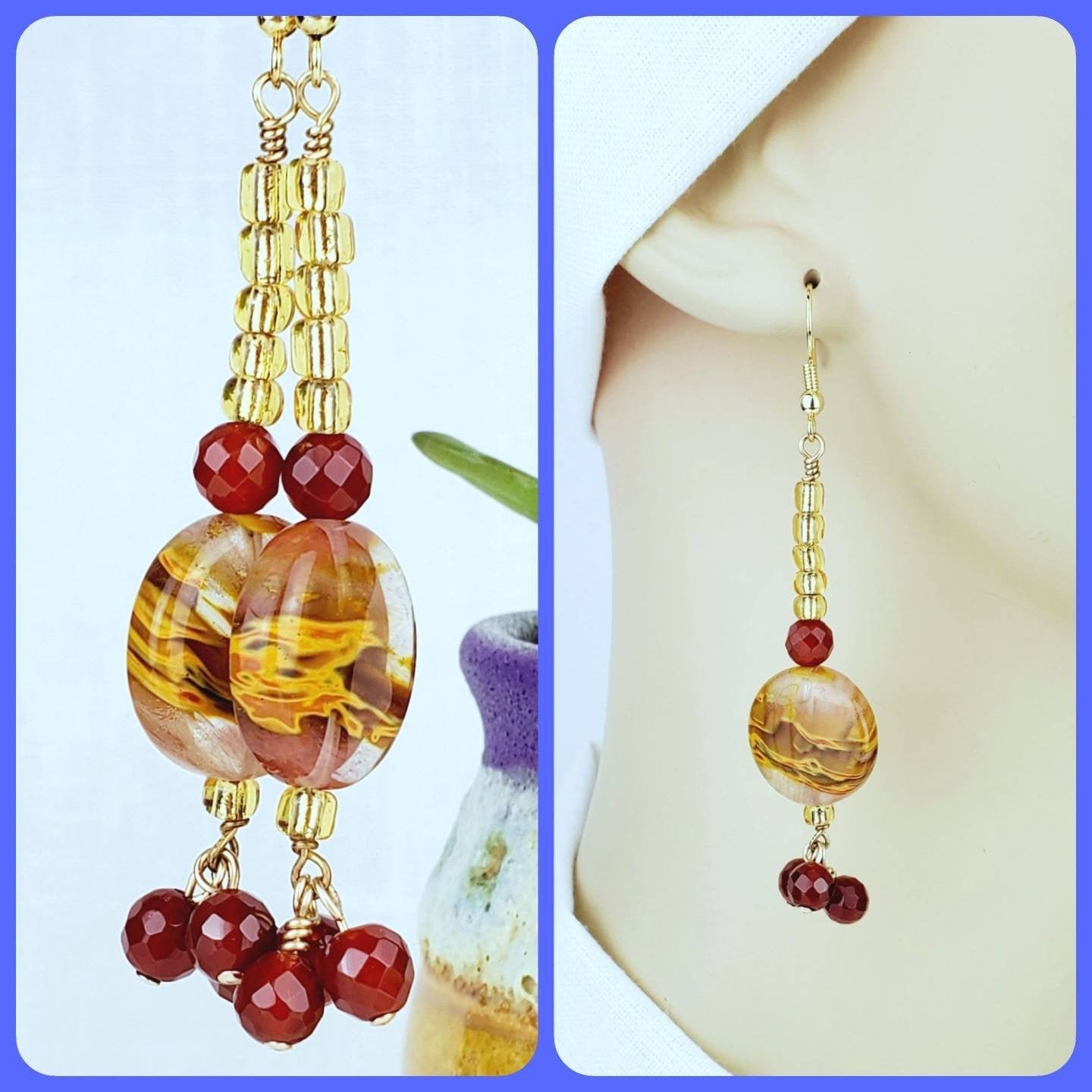 Boho Ruby & Jasper Earrings โ Handmade Gold Dangles with Glass Disc Beads & Seed Beads, 3.25โ Long - Image 3