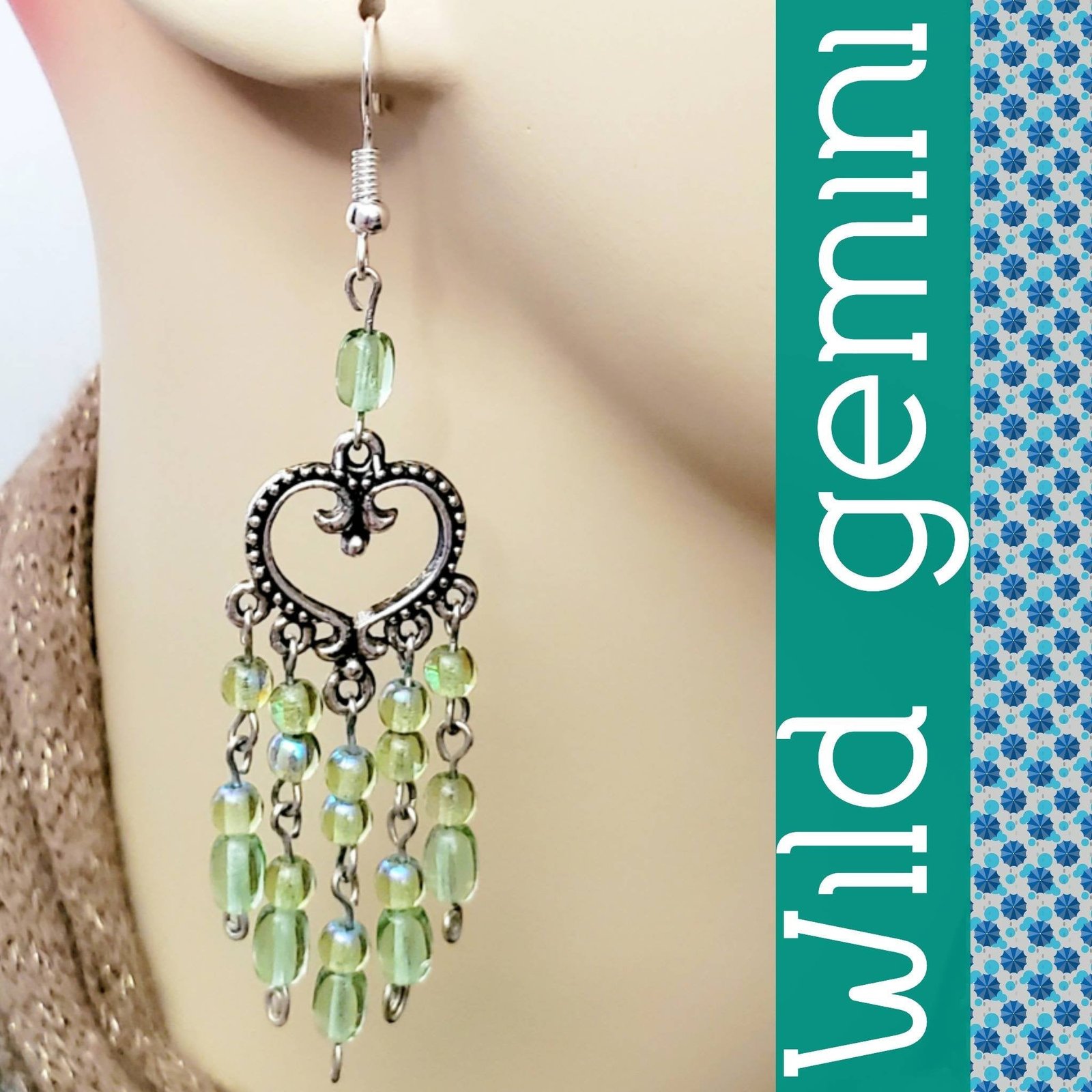 Boho Green Heart Chandelier Earrings โ Handmade Silver Dangles with Green Beads & Silver Wire, 3โ Long - Image 2