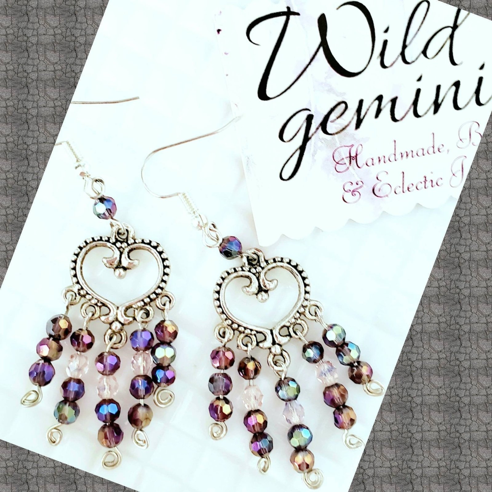 Boho Heart Earrings โ Handmade Silver Dangles with Purple Glass Beads & Wire Wrapped Heart Charms, 2.5โ Long - Image 2