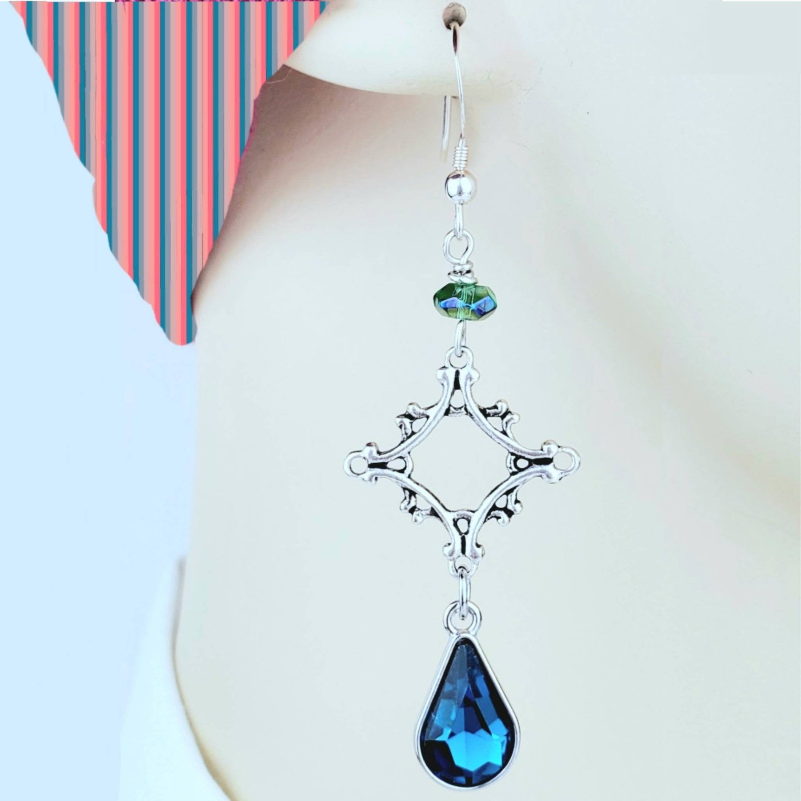 Silver Cross Earrings โ Handmade Dangles with Blue Teardrop Glass Beads & Silver Wire, 2โ Long - Image 2