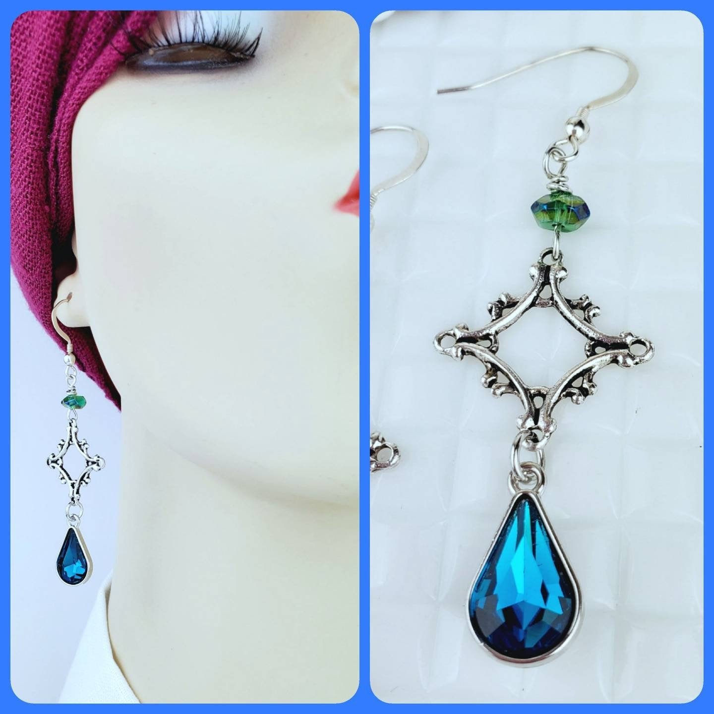 Silver Cross Earrings โ Handmade Dangles with Blue Teardrop Glass Beads & Silver Wire, 2โ Long - Image 4