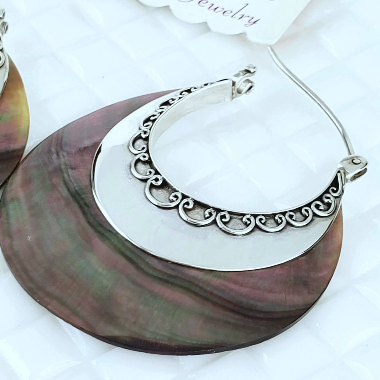 Sterling Silver Mother of Pearl Earrings – Handmade Shell Dangles, 2” Long x 1.5” Wide - Image 3