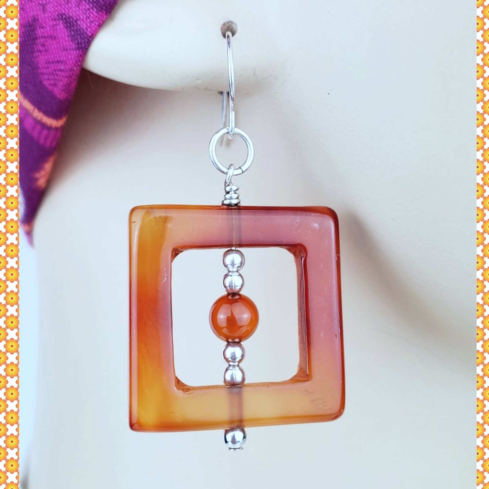 Sterling Silver Square Carnelian Earrings - Image 2