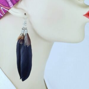 Single Black Tiger Brown Feather Earrings