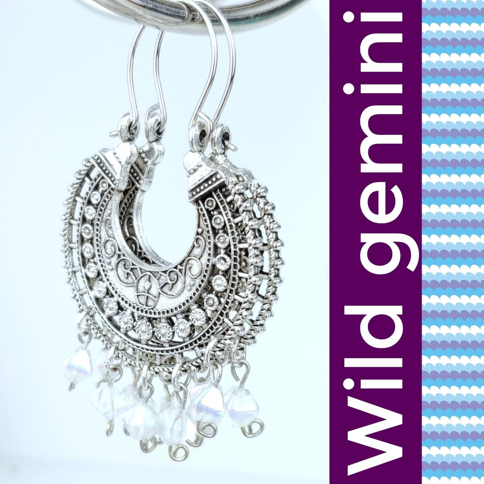 Round Antique Silver Clear Bead Earrings - Image 3