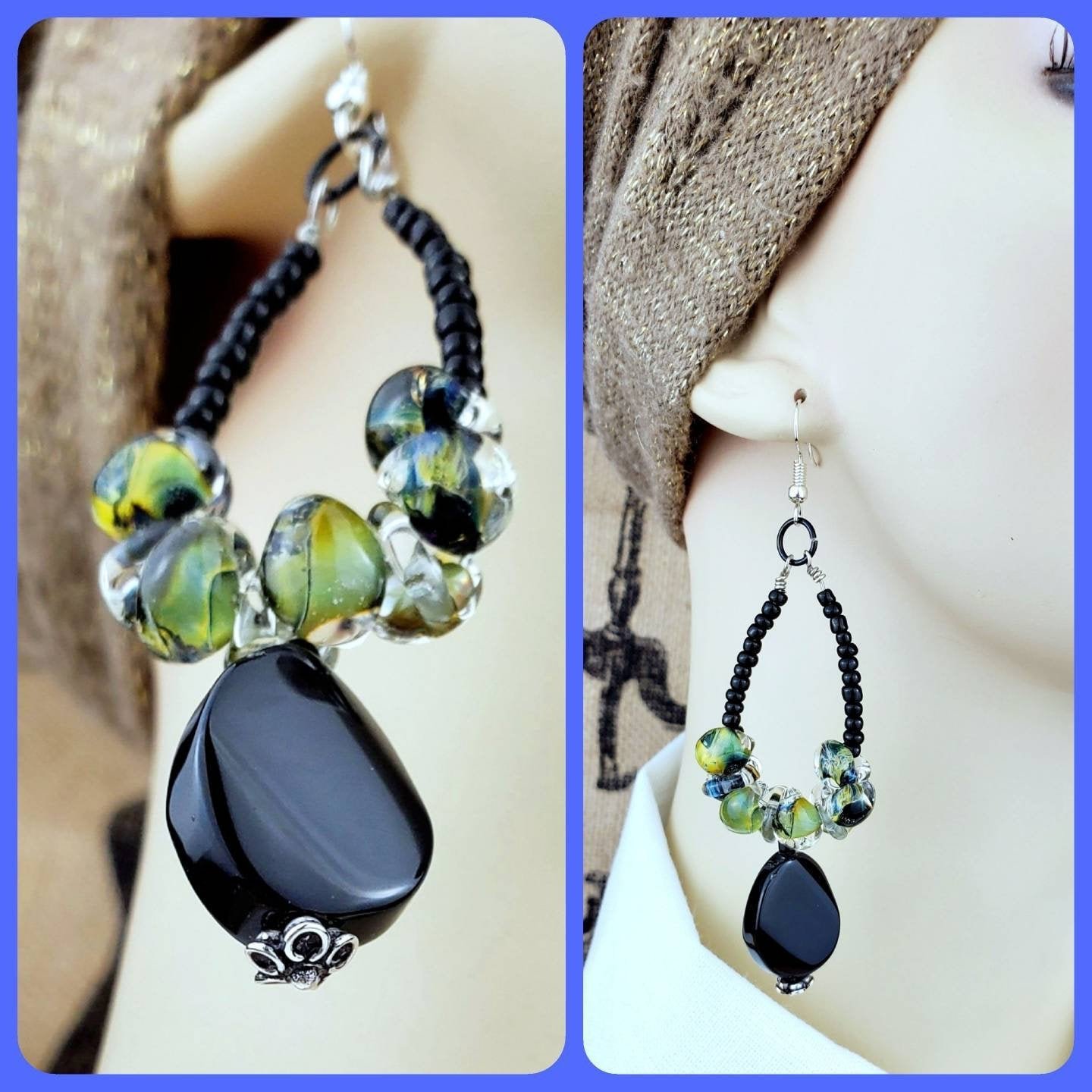 Boho Green Lampwork Earrings โ Handmade Dangles with Black Onyx, Sea Beads & Silver Wire, 3.5โ Long - Image 3