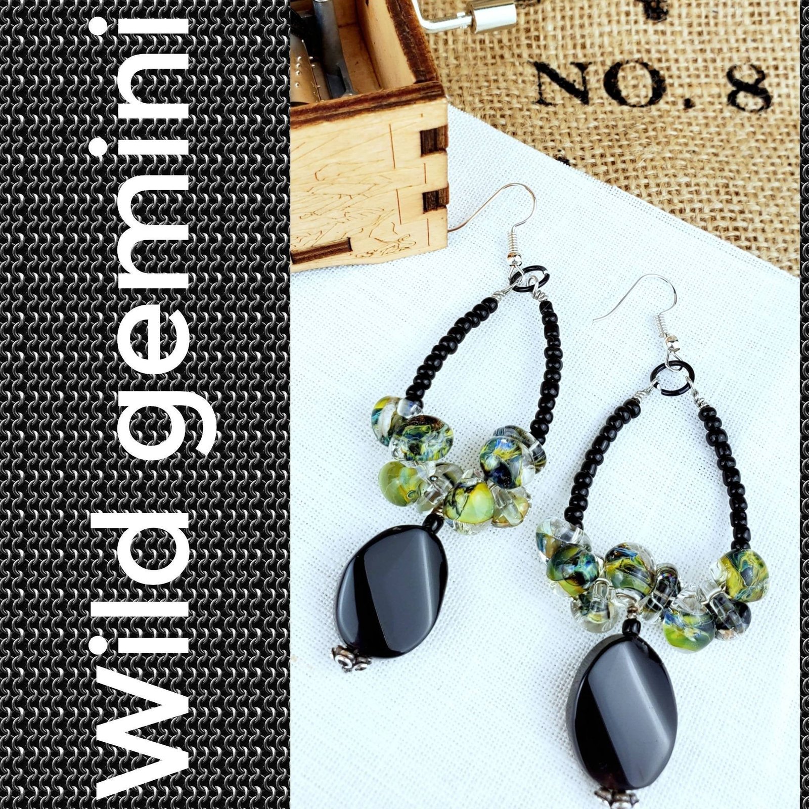 Boho Green Lampwork Earrings โ Handmade Dangles with Black Onyx, Sea Beads & Silver Wire, 3.5โ Long - Image 2