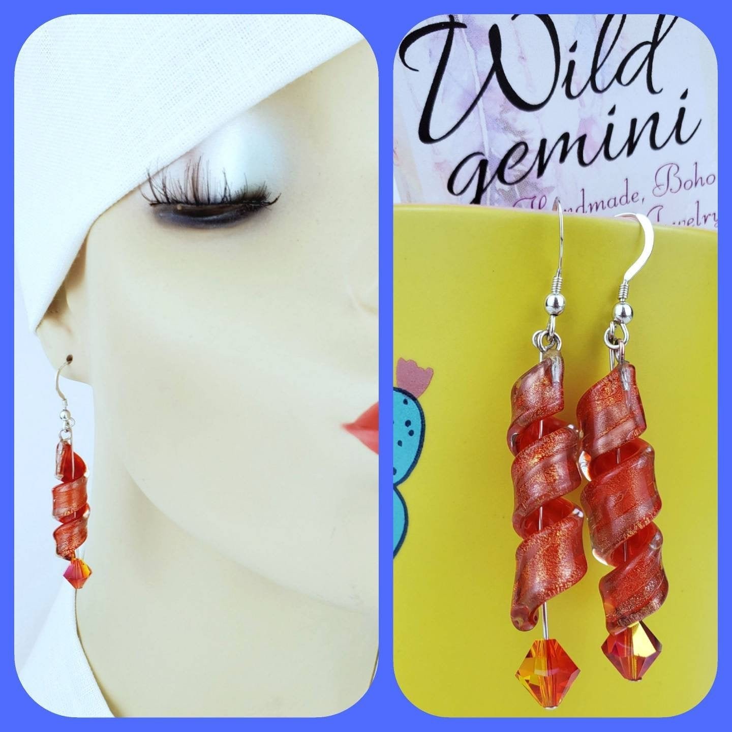 Sterling Silver Lampwork Earrings โ Handmade Spiral Glass Dangles with Swarovski Bicone Crystals, 2.5โ Long - Image 3