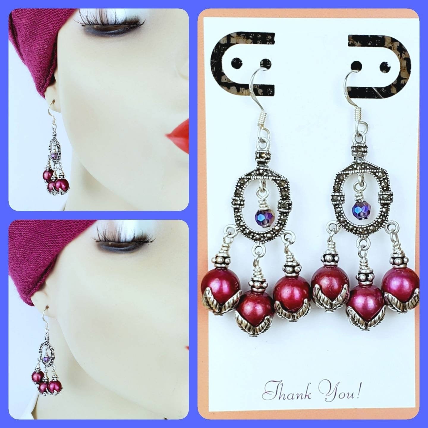 Sterling Silver Marcasite Earrings โ Fuchsia Freshwater Pearl Dangles with Purple Crystals & All .925 Silver, 2.25โ Long - Image 3
