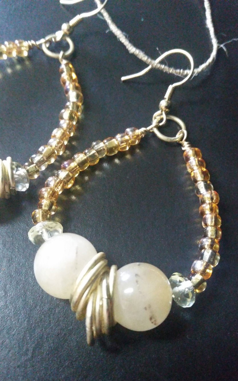 Boho Citrine Hoop Earrings โ Handmade Yellow Stone Dangles with Seed Beads, Gold Hooks & Jump Rings, 2.5โ Long - Image 3